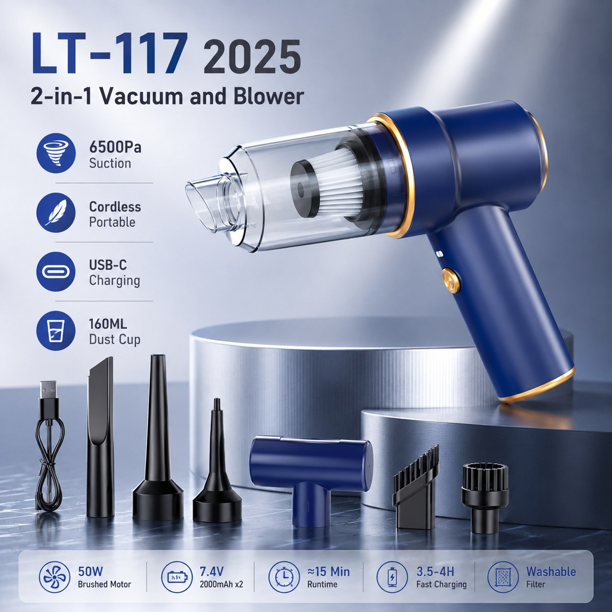 Cordless handheld car vacuum and blower (2-in-1)